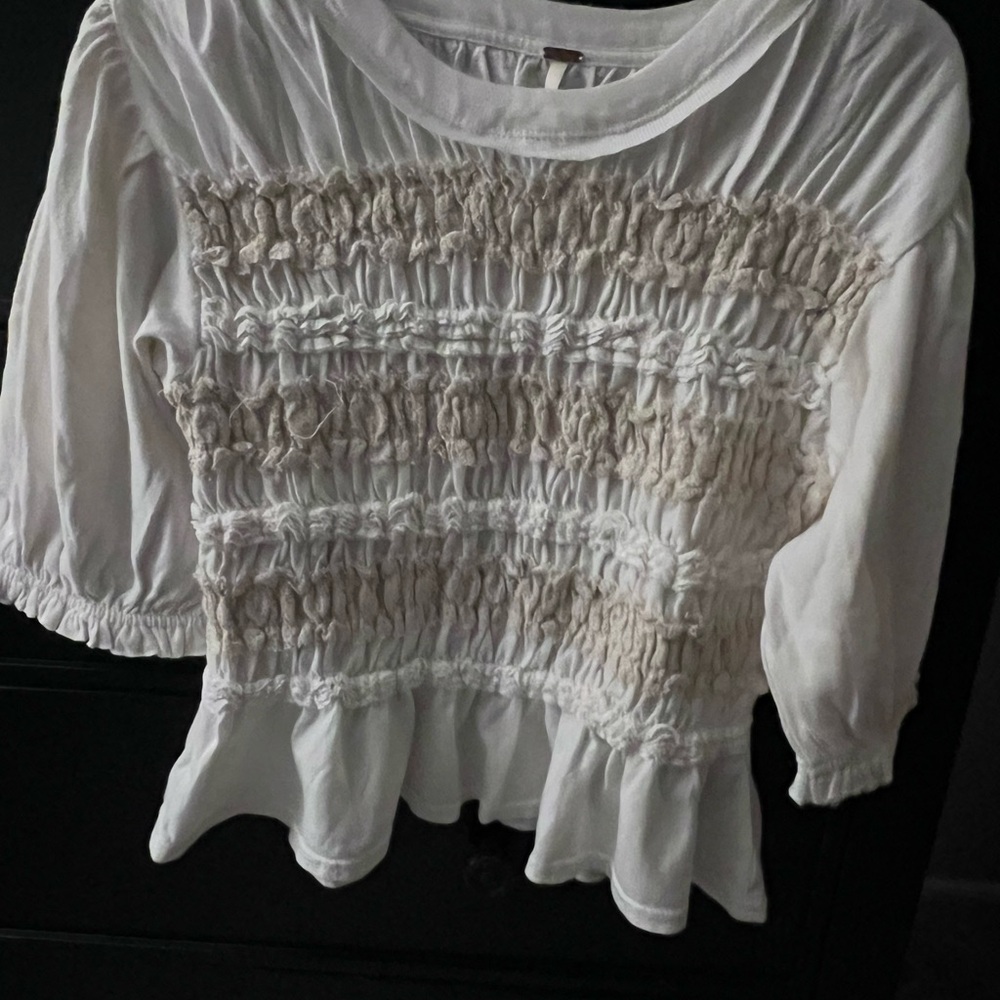 Free People White Smocked Peplum Blouse with Cream Accents